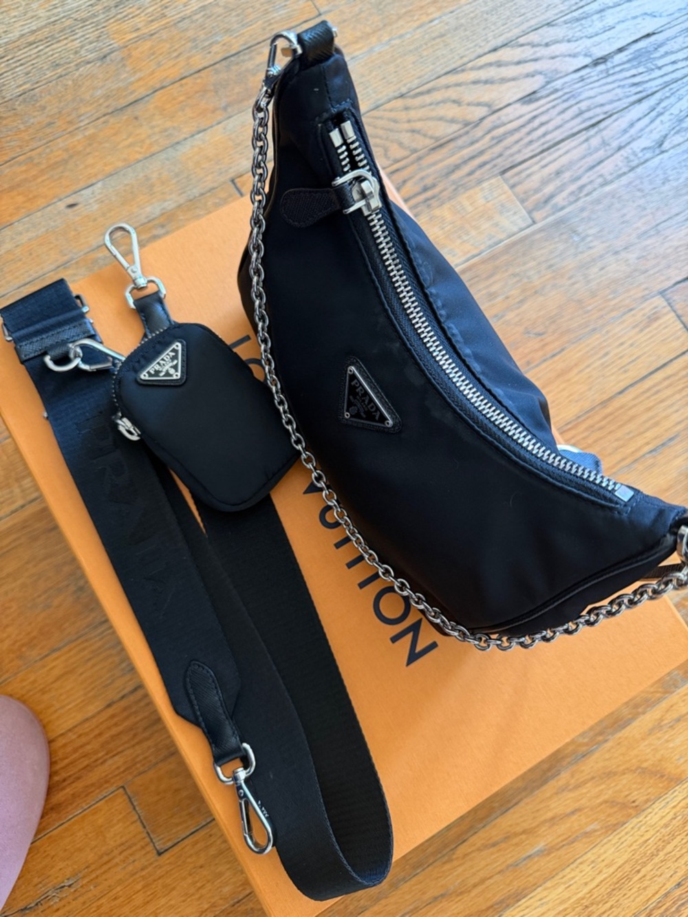 Prada Black Nylon Crescent Shoulder Bag with Chain and Strap - Picture 3 of 7